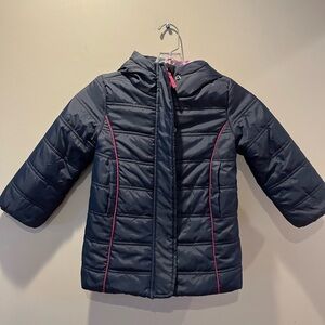 Hatley Girls Navy Puffer Jacket with Flower Lining Pink Trim Size 3